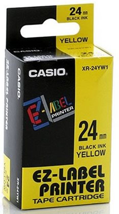 Casio originál páska do tlačiarne štítkov, Casio, XR-24YW1, čierny tlač/žltý podklad, nelaminovaná,