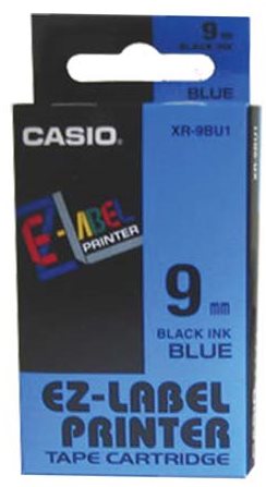Casio originál páska do tlačiarne štítkov, Casio, XR-9BU1, čierny tlač/modrý podklad, nelaminovaná,