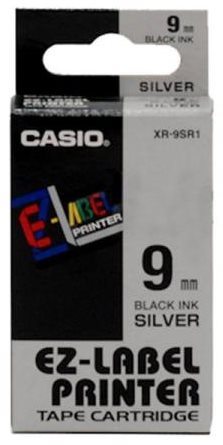 Casio originál páska do tlačiarne štítkov, Casio, XR-9SR1, čierny tlač/strieborný podklad, nelamino