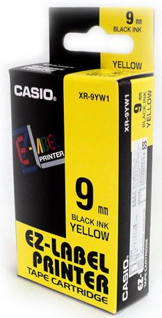 Casio originál páska do tlačiarne štítkov, Casio, XR-9YW1, čierny tlač/žltý podklad, nelaminovaná,