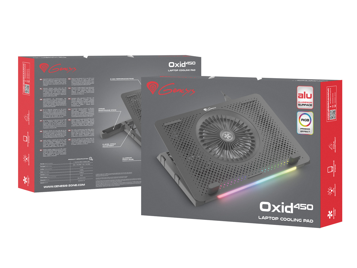 Chladící podložka pro NB Genesis Oxid 450 RGB do 15.6", hliníkové tělo NHG-1678