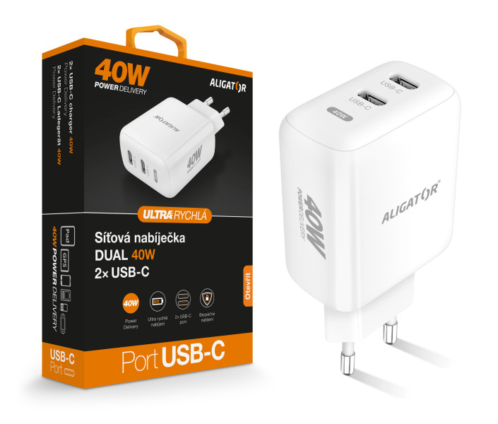 Chytrá síťová nabíječka ALIGATOR Power Delivery 40W, 2xUSB-C, bílá CHPD0023