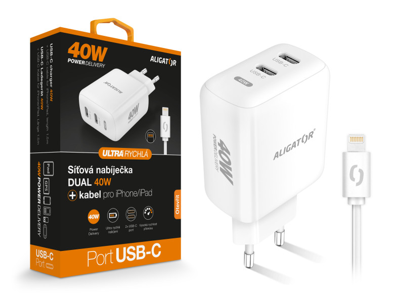 Chytrá síťová nabíječka ALIGATOR Power Delivery 40W, 2xUSB-C, USB-C kabel pro iPhone/iPad, bílá CHPD0025