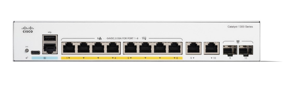 Cisco Catalyst switch C1300-8FP-2G (8xGbE,2xGbE/SFP combo,8xPoE+,120W,fanless) C1300-8FP-2G