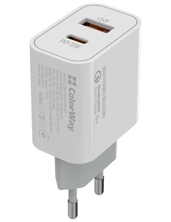 COLORWAY 1x USB a 1x USB-C/ turbo síťová nabíječka/ 30W/ 100V-240V/ Bílá CW-CHS037PD-WT