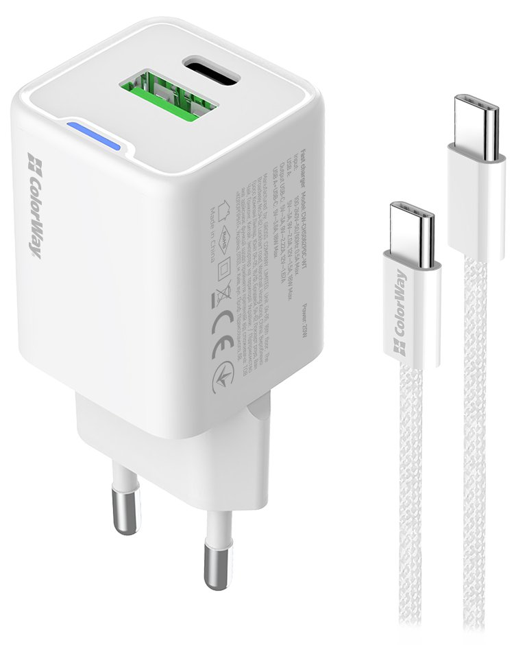COLORWAY 1x USB-C/ 1x USB-A/ síťová nabíječka/ GaN/ PD/ PPS/ 20W/ Bílá + 1x USB-C kabel CW-CHS062PDC-WT