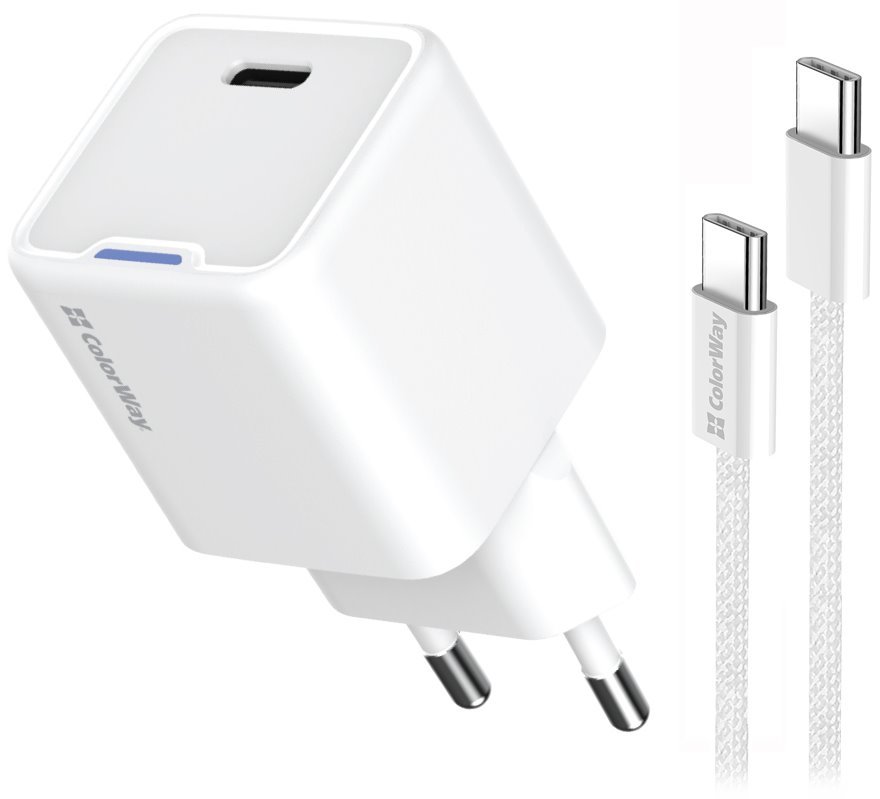 COLORWAY 1x USB-C/ síťová nabíječka/ GaN/ PD/ PPS/ 25W/ Včetně 100cm kabelu/ Bílá CW-CHS052PDC-WT