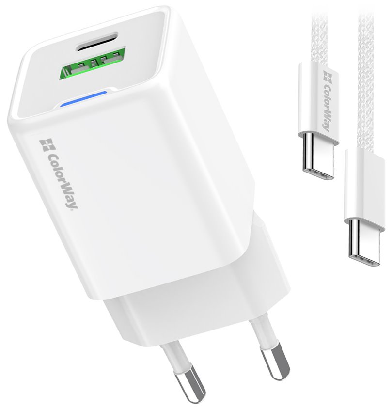 COLORWAY 1x USB-C/ síťová nabíječka/ GaN/ PD/ PPS/ QC/ 30W/ Včetně 100cm kabelu/ Bílá CW-CHS053PDC-WT
