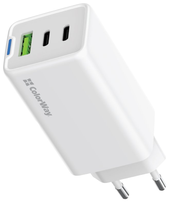 COLORWAY 2x USB-C, 1x USB-A/ síťová nabíječka/ GaN/ PD/ PPS/ 65W/ Bílá CW-CHS058PD-WT