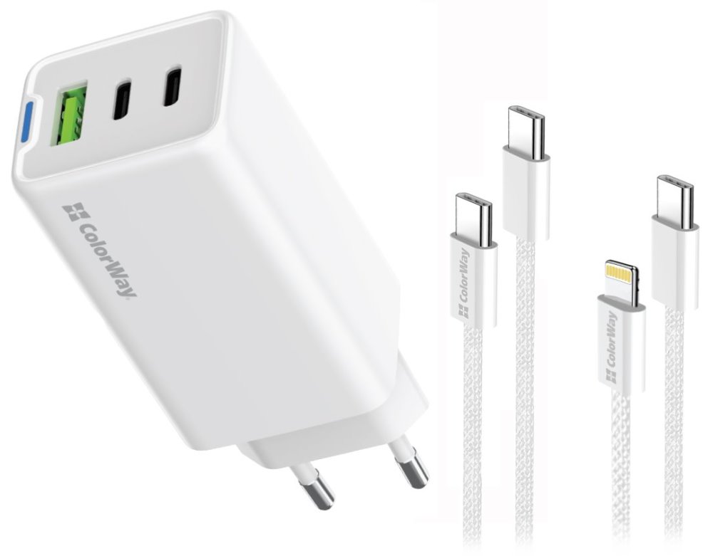 COLORWAY 2x USB-C, 1x USB-A/ síťová nabíječka/ GaN/ PD/ PPS/ 65W/ Včetně 2x kabelů, USB-C-USB-C, USB-C- CW-CHS058PDCL-WT