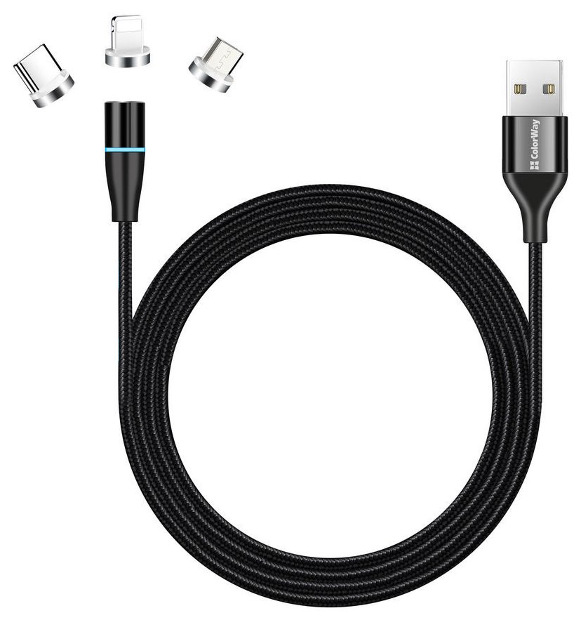 Colorway Datový Kabel 3v1 Lightning+MicroUSB+Type-C/ Magnetic/ 2.4A/ Nylon/ Quick Charge 3.0/ 1m CW-CBUU038-BK