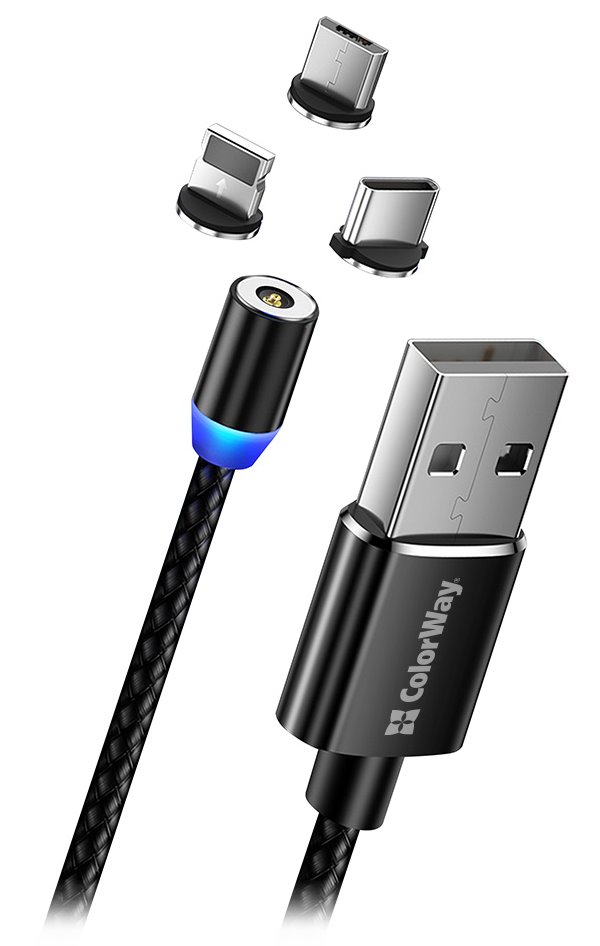 ColorWay Kábel 3in1 (Lightning+MicroUSB+Type-C) Magnetic 2.4A 1m CW-CBUU020-BK