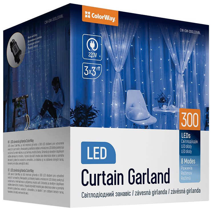 COLORWAY LED girlanda/ vnitřní / 300 LED / délka 3 x 3m / modrá/ AC 220V CW-GW-300L33VBL