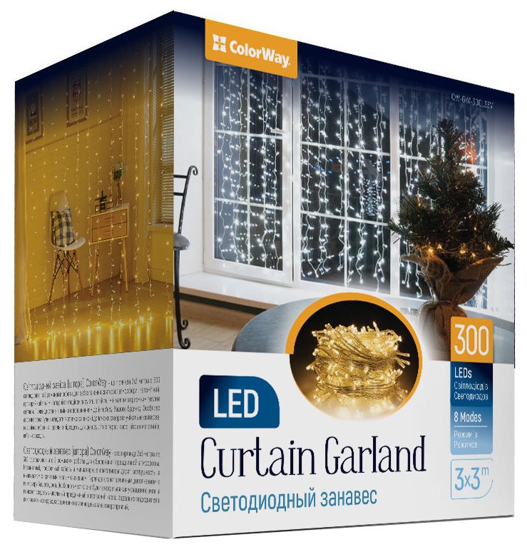 COLORWAY LED girlanda/ vnitřní / 300 LED / délka 3 x 3m / teplá bílá/ AC 220V CW-GW-300L33V