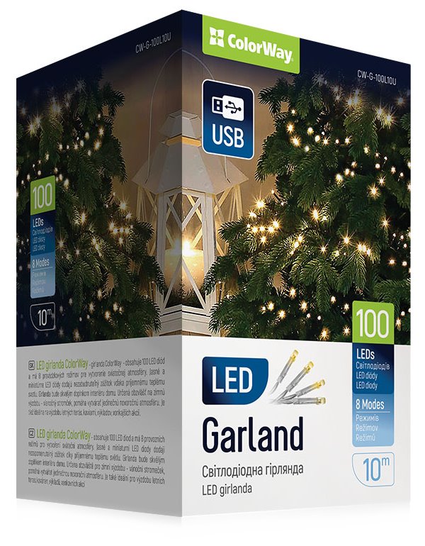 COLORWAY LED řetěz/ vnitřní / 100 LED / délka 10m / teplá bílá/ 8 funkcí/ napájení USB CW-G-100L10U