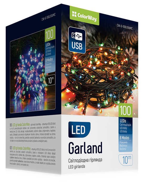 COLORWAY LED řetěz/ vnitřní / 100 LED / délka 10m / více barevný/ 8 funkcí/ napájení USB CW-G-100L10UMC