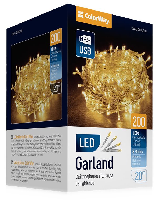 COLORWAY LED řetěz/ vnitřní / 200 LED / délka 20m / teplá bílá/ 8 funkcí/ napájení USB CW-G-200L20U