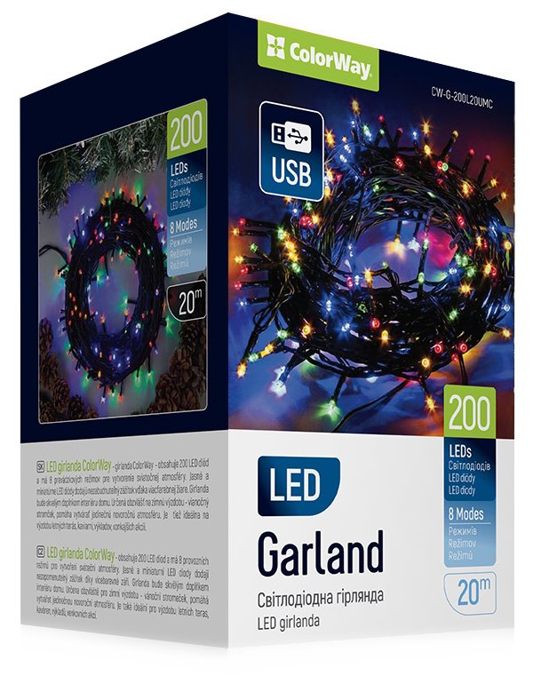 COLORWAY LED řetěz/ vnitřní / 200 LED / délka 20m / více barevný / 8 funkcí/ napájení USB CW-G-200L20UMC