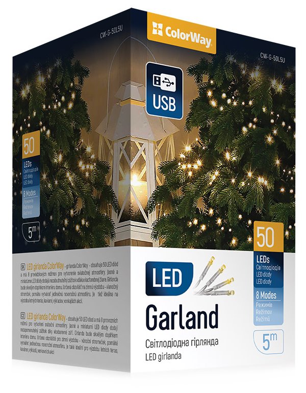 COLORWAY LED řetěz/ vnitřní / 50 LED / délka 5m / teplá bílá/ 8 funkcí/ napájení USB CW-G-50L5U