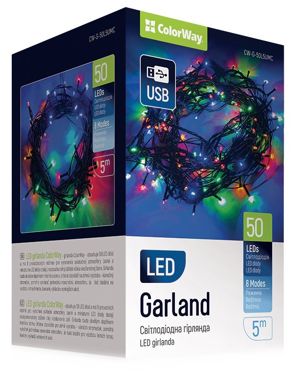 COLORWAY LED řetěz/ vnitřní / 50 LED / délka 5m / více barevný/ 8 funkcí/ napájení USB CW-G-50L5UMC