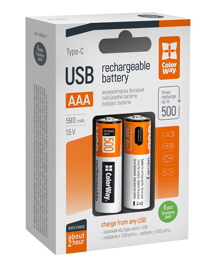 Colorway nabíjecí baterie AAA 590mAh/ USB-C/ 1.5V/ 6ks v balení CW-UBAAA-11