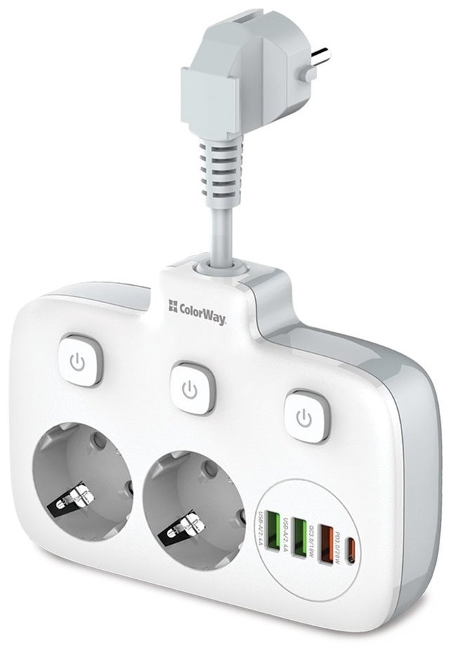 COLORWAY Prodlužovací napájecí přívod/ 2x Schuko/ 3x USB-A/ 1x USB-C / kabel 2,5cm CW-CHE24PDW