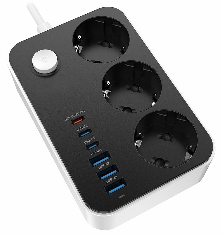 COLORWAY Prodlužovací napájecí přívod/ 3x Schuko/ 3x USB-C 20W/ 3x USB-A/ kabel 2m CW-CHE36PDB