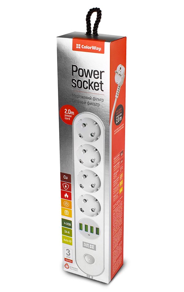 COLORWAY Prodlužovací napájecí přívod/ 4x 220V výstup/ 4x USB 5V / kabel 2m CW-CHE44W