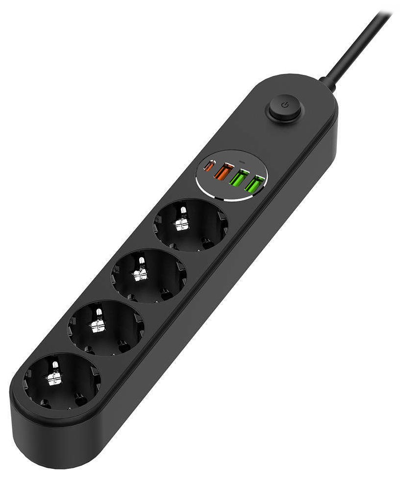 COLORWAY Prodlužovací napájecí přívod/ 4x Schuko/ 3x USB-A / 1x USB-C/ 45W/ Černý/ kabel 2m CW-CHE44PDB