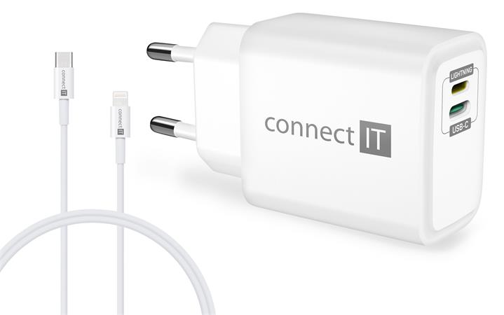 CONNECT IT DUPLEX Nabíjecí adaptér 1xLightning + 1×USB-C, 20W, kabel 27W, BÍLÝ CWC-2090-WH