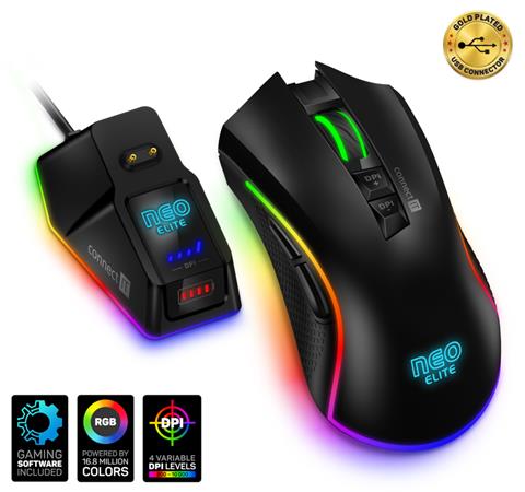 CONNECT IT NEO ELITE herní myš s nabíjecím dokem,RGB,7 tlačítek, 5000DPI, bezdrátová ČERNÁ CMO-8080-BK