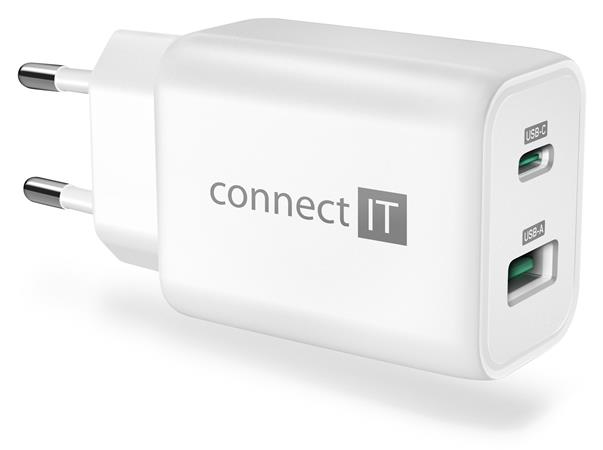 CONNECT IT Wanderer2 GaN nabíjecí adaptér 1×USB-C + 1xUSB-A, 33W PD, BÍLÝ CWC-2080-WH