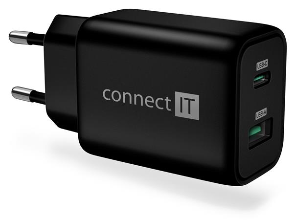 CONNECT IT Wanderer2 GaN nabíjecí adaptér 1×USB-C + 1xUSB-A, 33W PD, ČERNÝ CWC-2080-BK