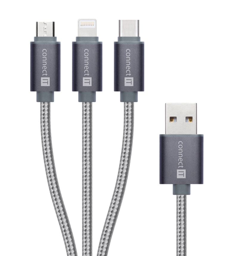 CONNECT IT Wirez 3in1 USB-C & Micro USB & Lightning, silver gray, 1,2 m CI-1229