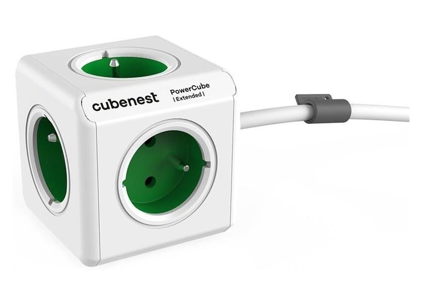 Cubenest Powercube Extended, 5× zásuvka, 1,5 m, bílá/zelená, dětská pojistka, uzemnění, dok, max. 10A/250V~2500 PC320GN