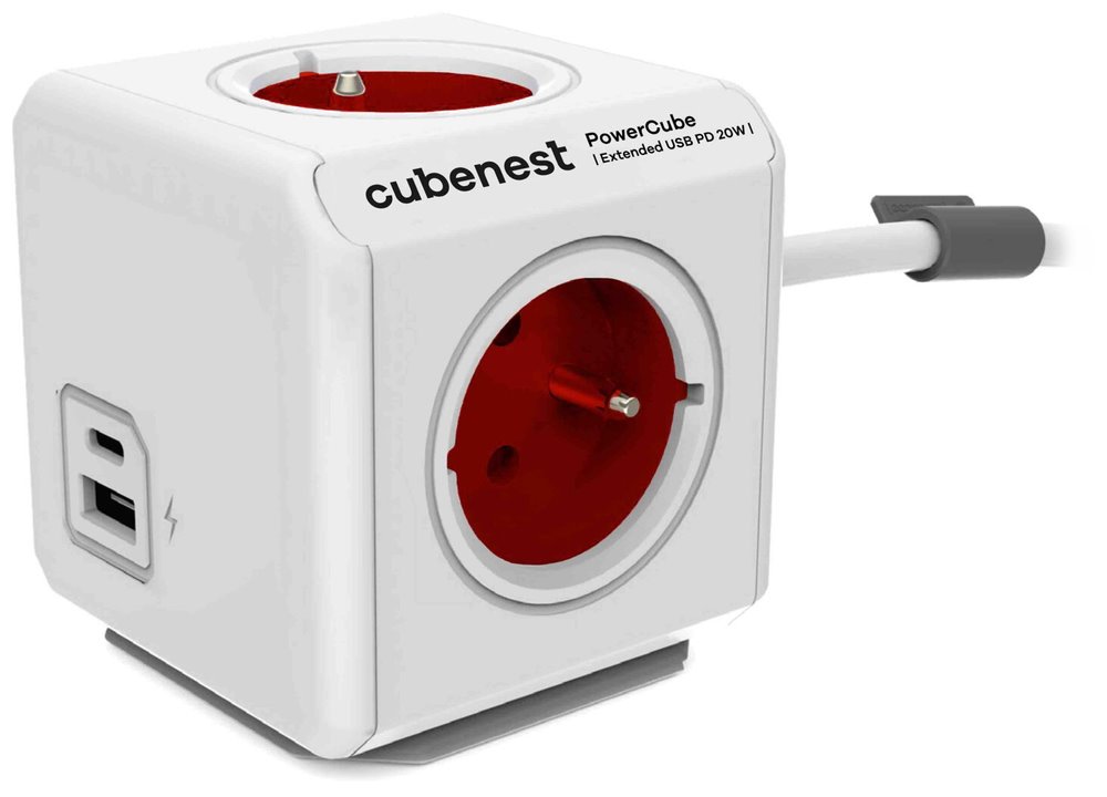 Cubenest Powercube Extended USB PD 20W, A+C, 4× zásuvka, 1,5m, bílá/červená, dětská pojistka, uzemnění, dok, 10A PC420RD