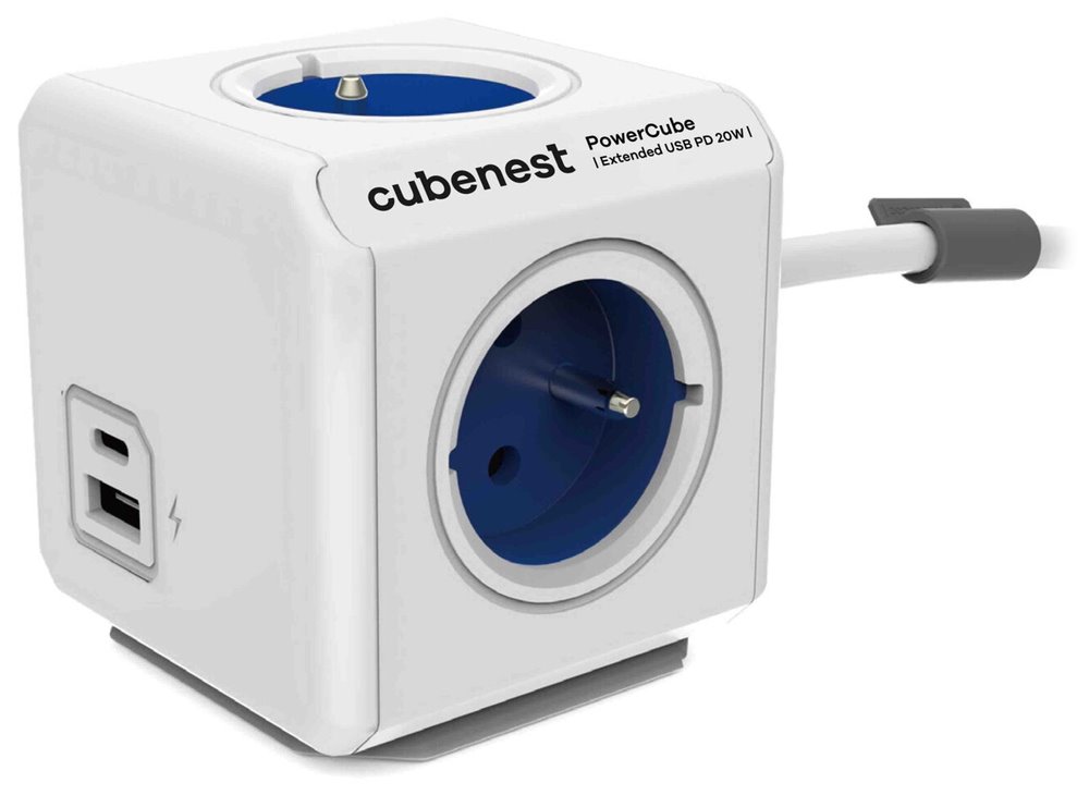 Cubenest Powercube Extended USB PD 20W, A+C, 4× zásuvka, 1,5m, bílá/modrá, dětská pojistka, uzemnění, dok, 10A/2 PC420BL