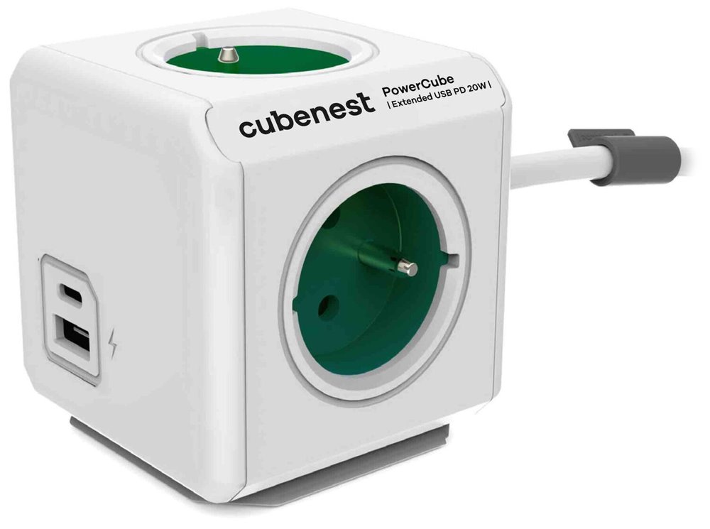 Cubenest Powercube Extended USB PD 20W, A+C, 4× zásuvka, 1,5m, bílá/zelená, dětská pojistka, uzemnění, dok, 10A/ PC420GN