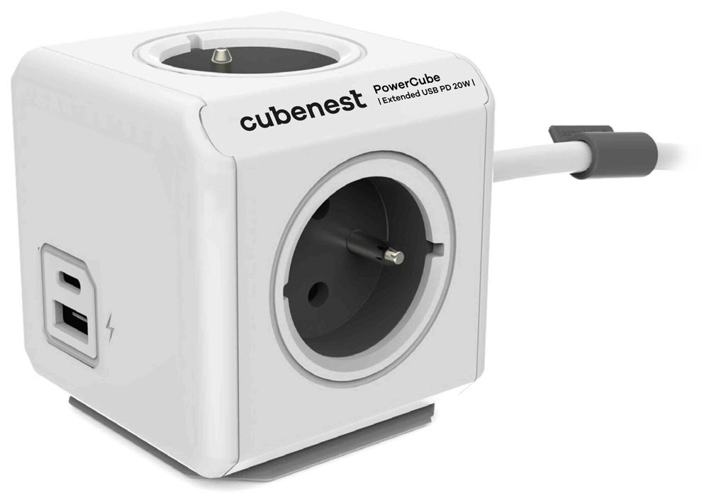 Cubenest Powercube Extended USB PD 20W, A+C, 4× zásuvka, 3m, bílá/šedá, dětská pojistka, uzemnění, dok, 10A/250 PC520GY