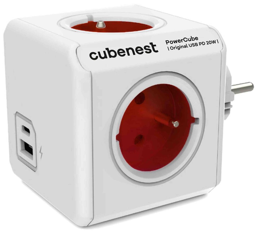 Cubenest Powercube Original USB PD 20W, A+C, 4× zásuvka, bílá/červená, dětská pojistka, uzemnění, max. 16A/250V~ PC220RD