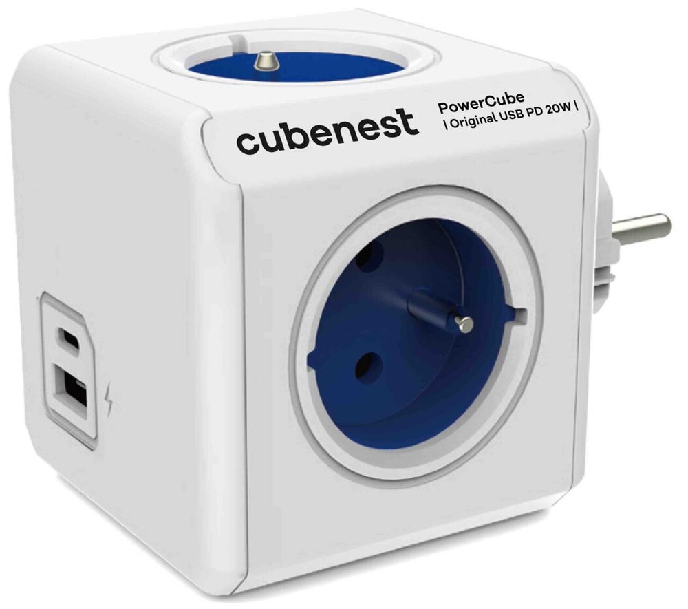 Cubenest Powercube Original USB PD 20W, A+C, 4× zásuvka, bílá/modrá, dětská pojistka, uzemnění, max. 16A/250V~36 PC220BL