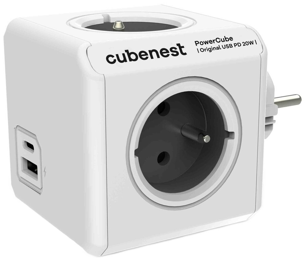 Cubenest Powercube Original USB PD 20W, A+C, 4× zásuvka, bílá/šedá, dětská pojistka, uzemnění, max. 16A/250V~368 PC220GY