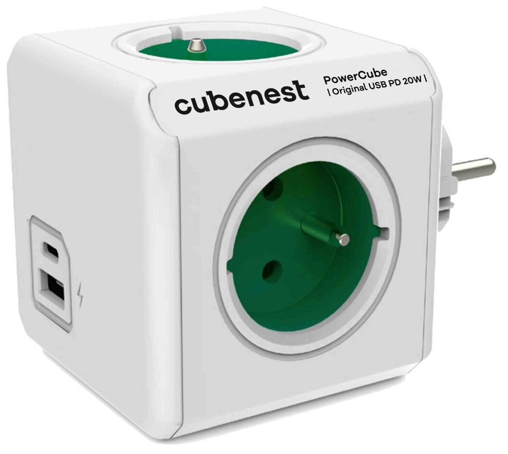Cubenest Powercube Original USB PD 20W, A+C, 4× zásuvka, bílá/zelená, dětská pojistka, uzemnění, max. 16A/250V~3 PC220GN