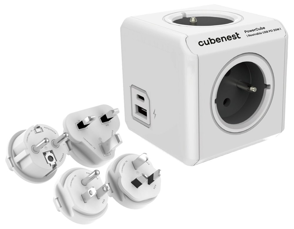 Cubenest Powercube ReWirable USB PD 20W, A+C, 4× zásuvka, bílá/šedá, 4 cestovní koncovky, dětská pojistka, uzemn PC620GY