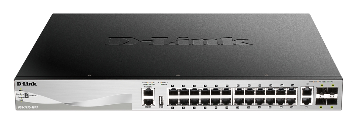 D-Link DGS-3130-30PS L3 Stck. Mng. PoE switch 24x GbE PoE+, 2x 10G RJ-45, 2x 10G SFP+, PoE 370W DGS-3130-30PS/E