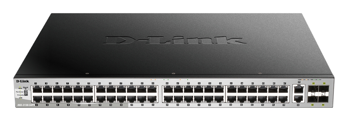 D-Link DGS-3130-54PS L3 Stck. Mng. PoE switch, 48x GbE PoE+, 2x 10G RJ-45, 2x 10G SFP+, PoE 370W DGS-3130-54PS/E