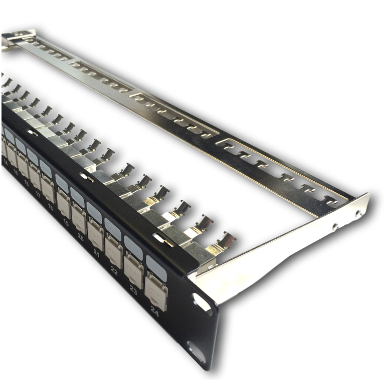 DATACOM Patch panel 19" STP 24 port CAT6A 1U černý, vyvaz.lišta, beznástrojový 8596250004582