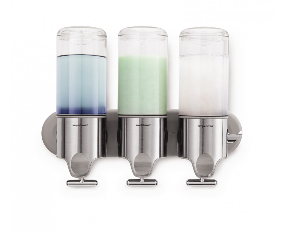 Dávkovač Simplehuman mýdla, šamponu a kondicionéru na zeď, nerez - 3x 444 ml BT1029