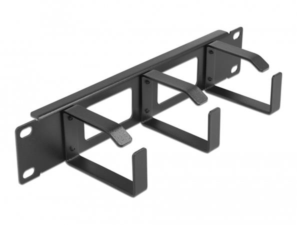 Delock 10” vyvazovací panel pro správu kabelů, 2 otvory a 3 háčky, 1U, černý 66656