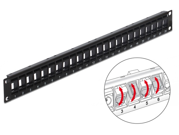 Delock 19” Keystone Patch Panel 24 Portů naklápěcích černý 43340